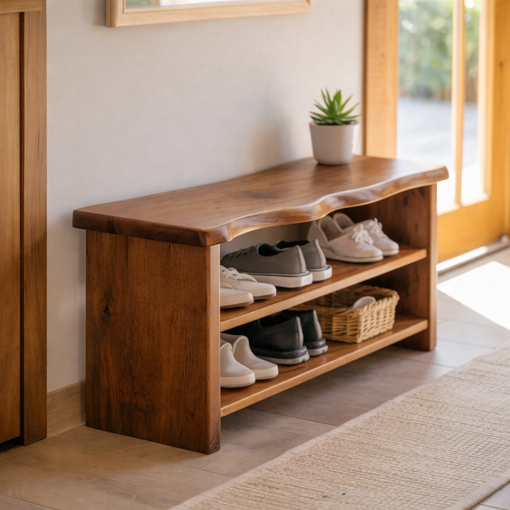 Solid Wood Live Edge Shoe Storage Bench with Open Shelves – Entryway Shoe Organizer Bench