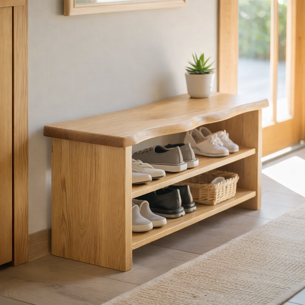Solid Wood Live Edge Shoe Storage Bench with Open Shelves – Entryway Shoe Organizer Bench