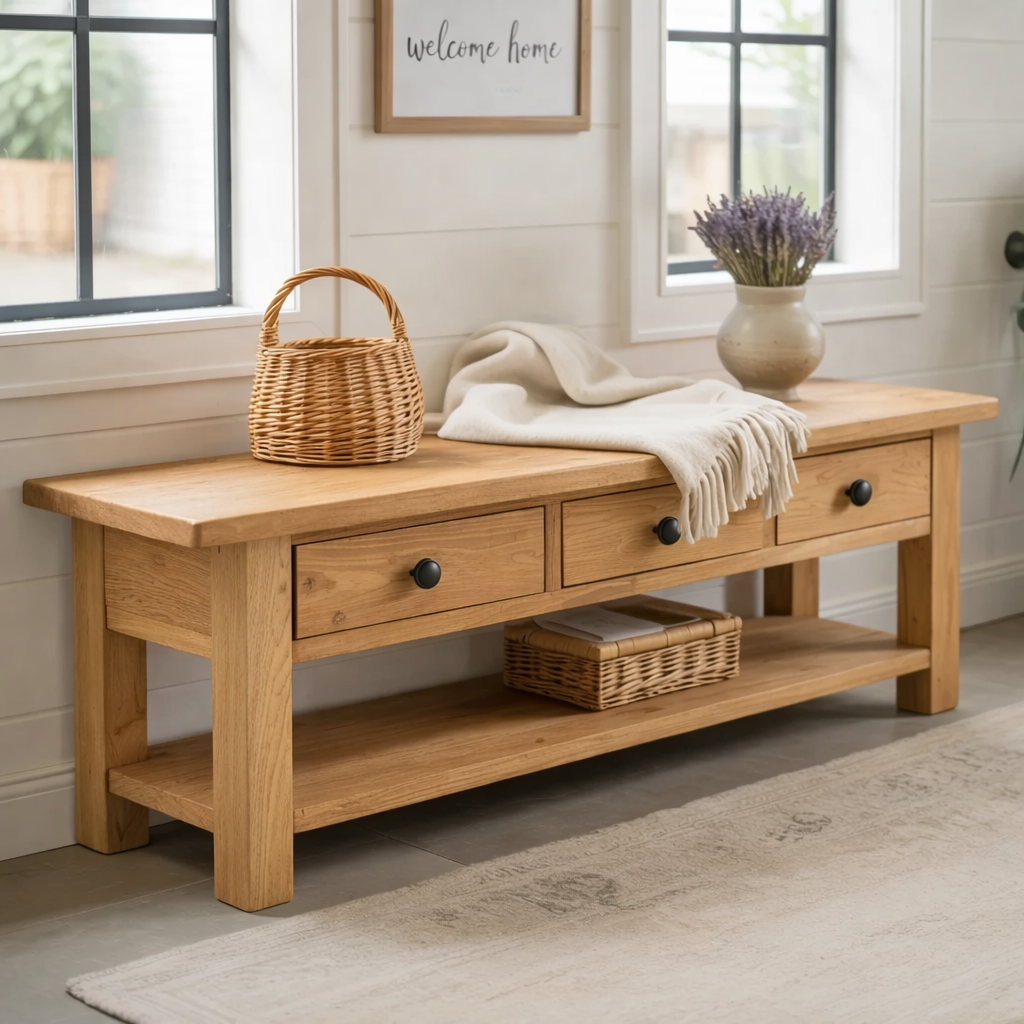 Solid Wood Entryway Bench with 3 Drawers & Lower Shelf – Farmhouse Shoe Storage Bench