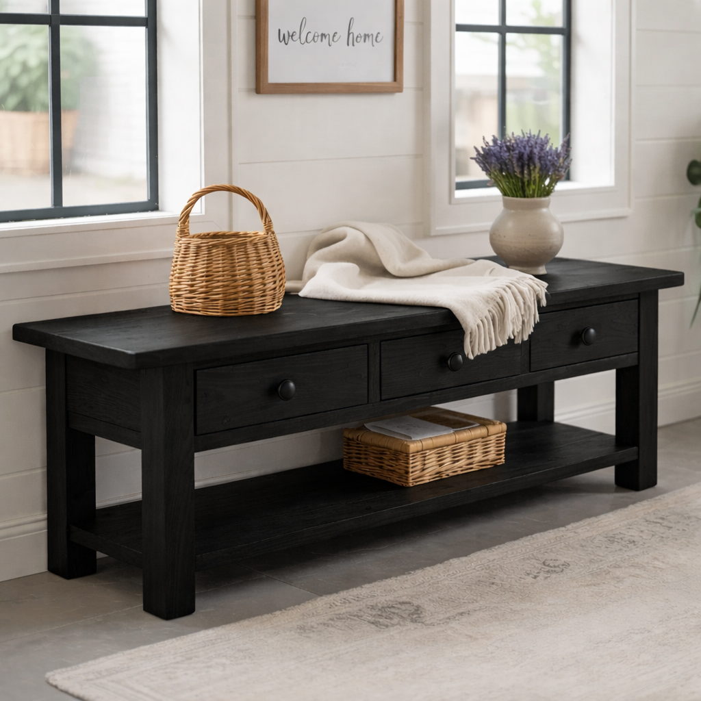Solid Wood Entryway Bench with 3 Drawers & Lower Shelf – Farmhouse Shoe Storage Bench
