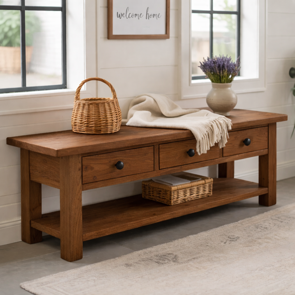 Solid Wood Entryway Bench with 3 Drawers & Lower Shelf – Farmhouse Shoe Storage Bench