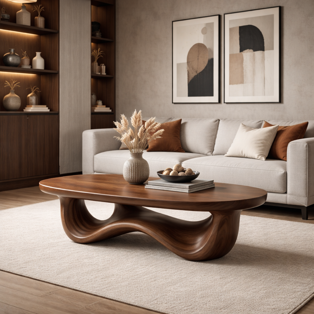 Solid Wood Oval Coffee Table with Sculptural Wave Base and Rustic Walnut Finish