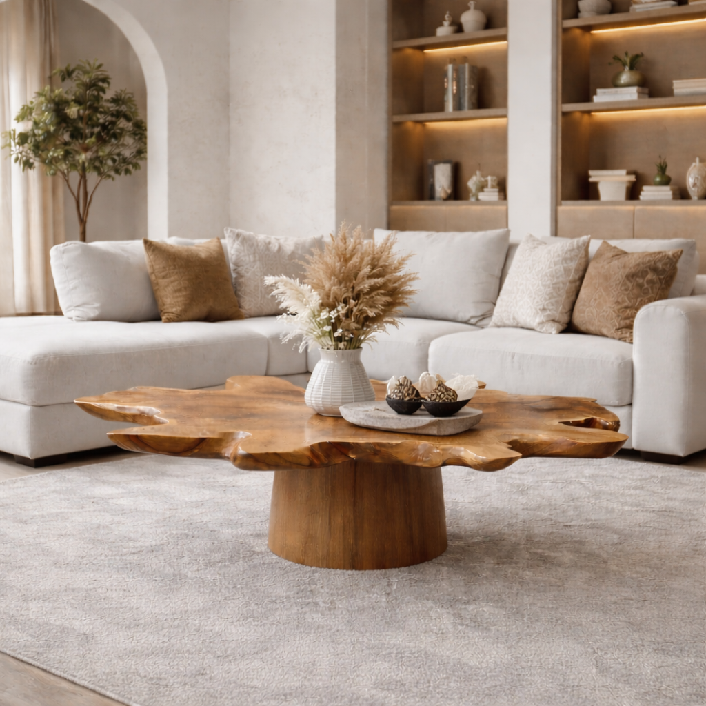 Solid Wood Live Edge Coffee Table with Thick Slab Top & Pedestal Base