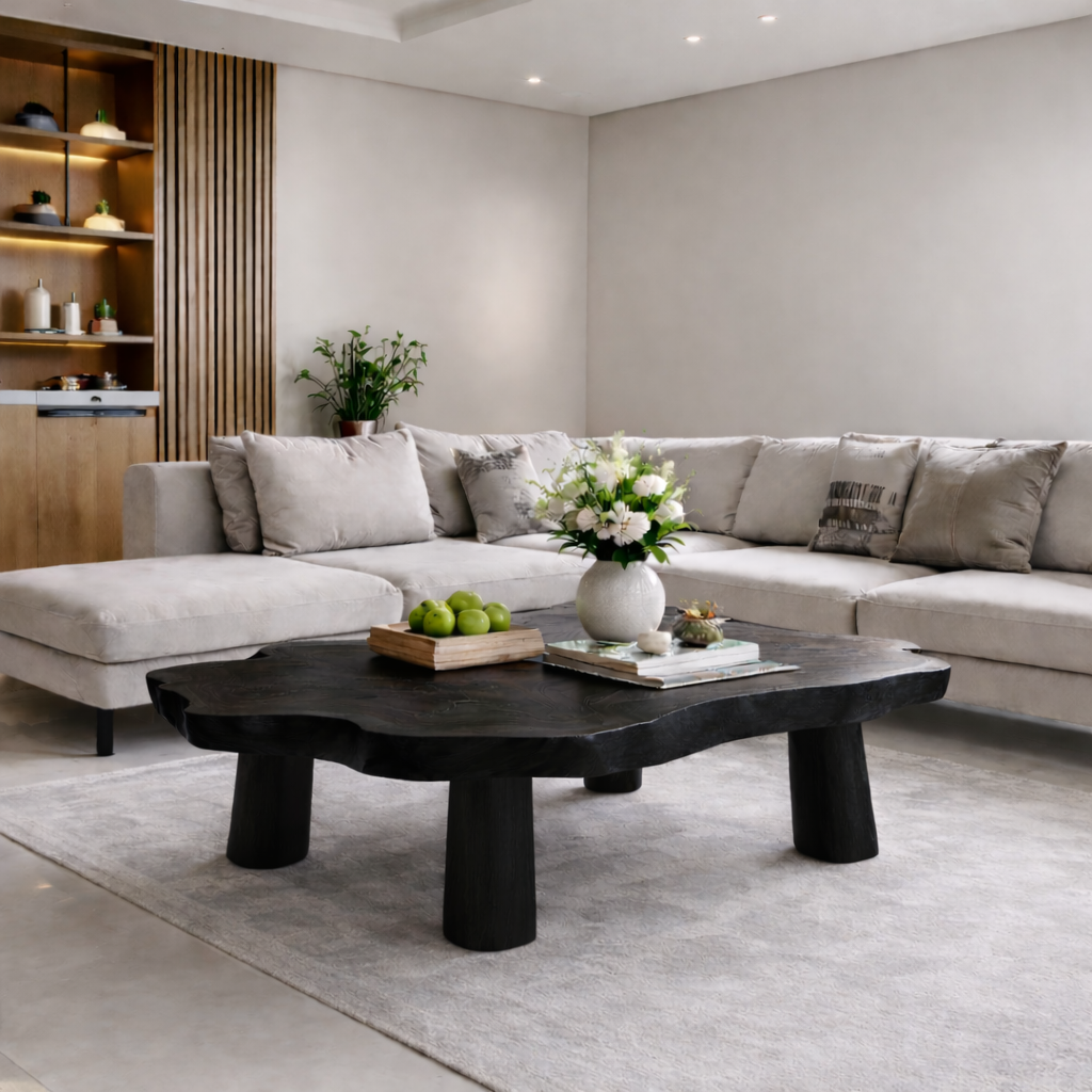 Solid Wood Live Edge Coffee Table with Chunky Legs Rustic Organic Design