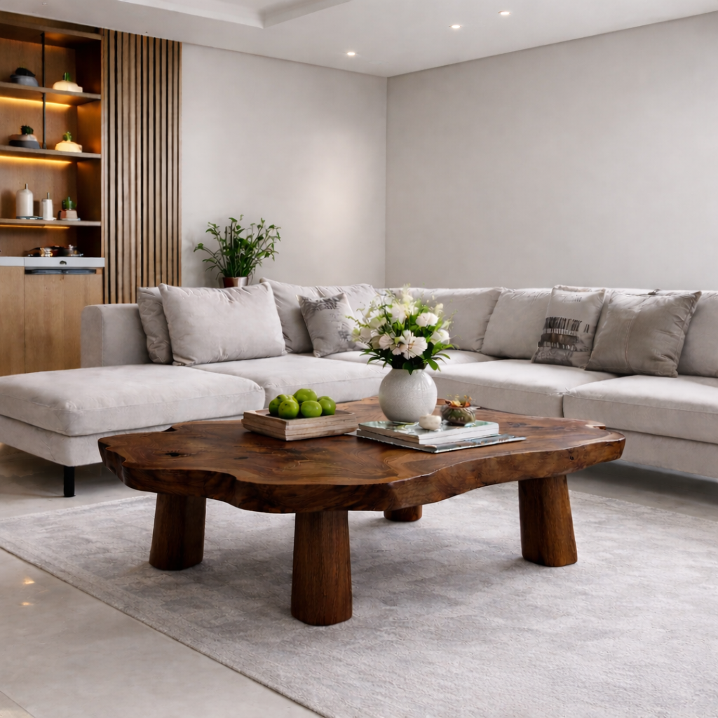 Solid Wood Live Edge Coffee Table with Chunky Legs Rustic Organic Design