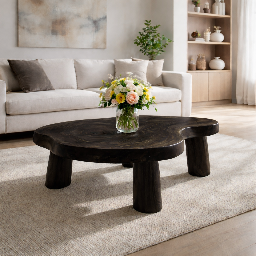 Live Edge Solid Wood Coffee Table with Chunky Legs in Warm Walnut Finish