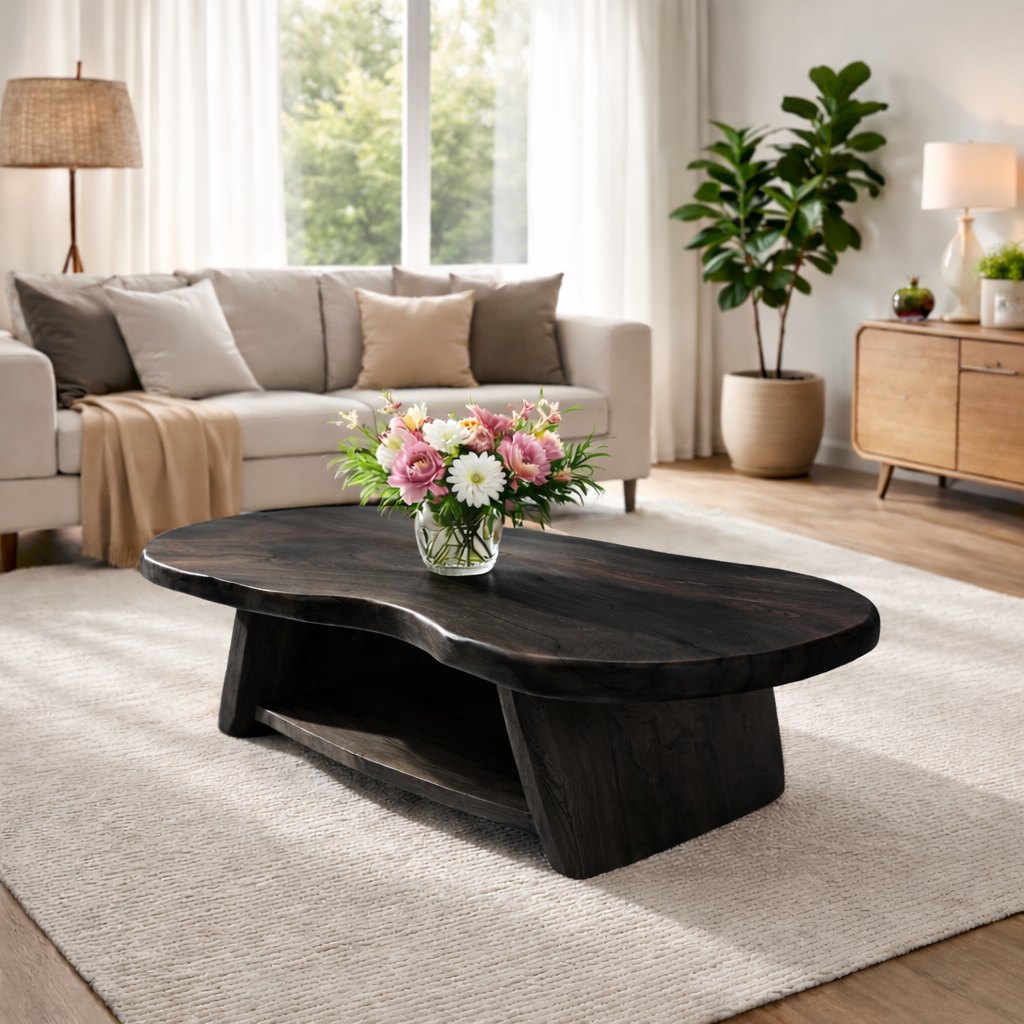 Organic Solid Wood Coffee Table with Sculpted Base in Light Natural Oak