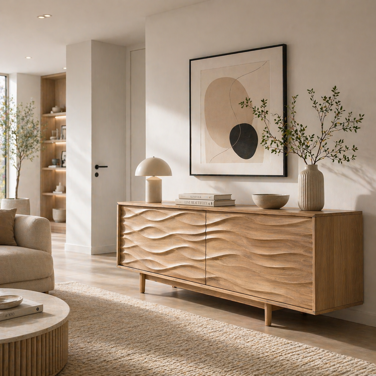Solid Wood TV Stand with Sculpted Wave Carved Doors in Rich Walnut Finish