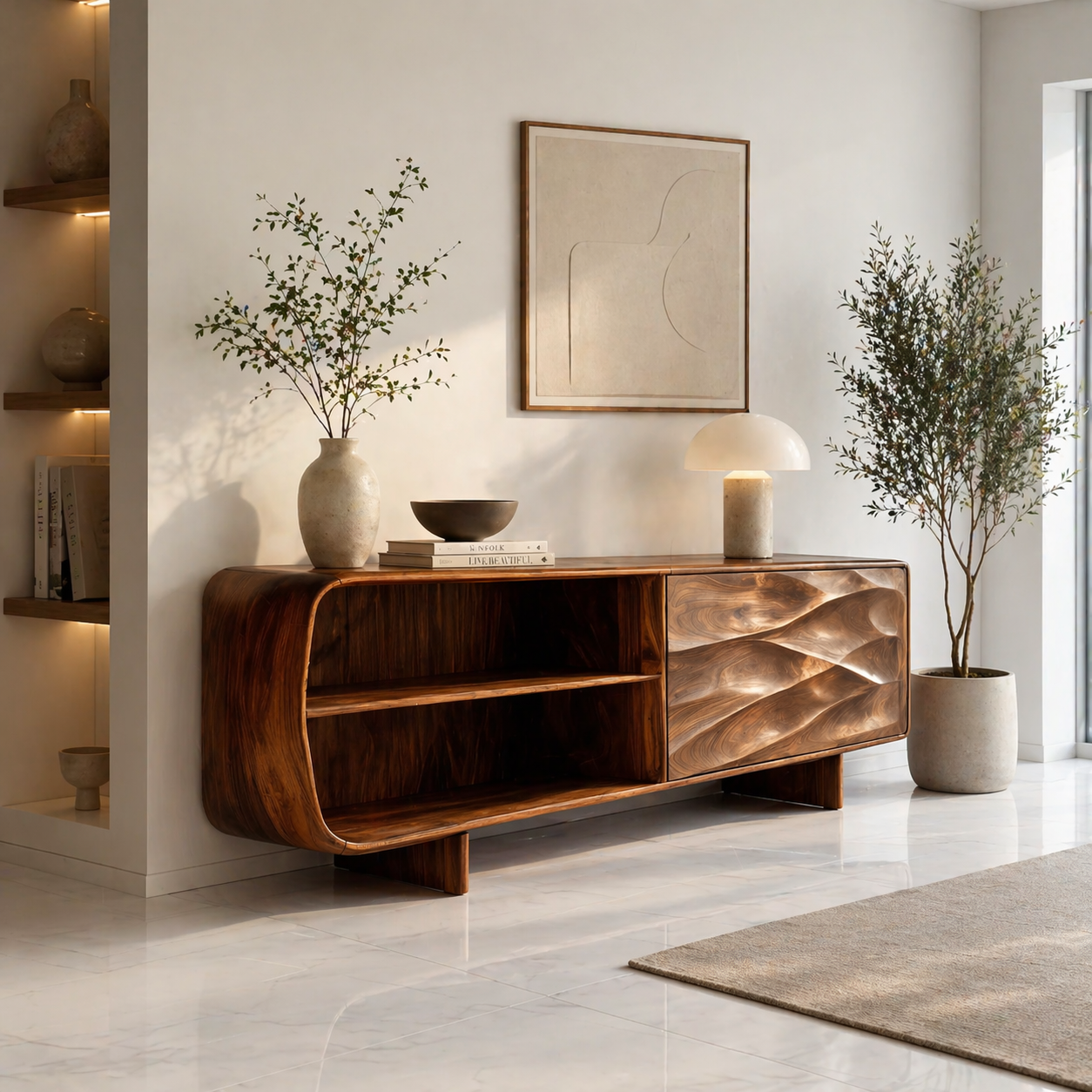 Solid Wood TV Stand with Curved Frame and Wave Carved Door in Walnut Finish