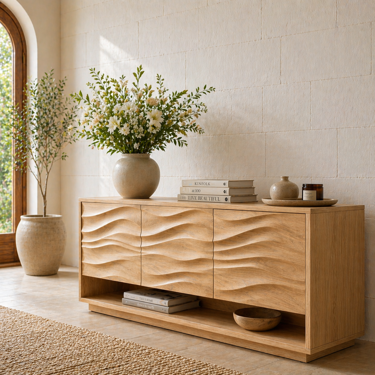 Solid Wood Console Table with Wave Carved Doors and Open Shelf in Walnut Finish