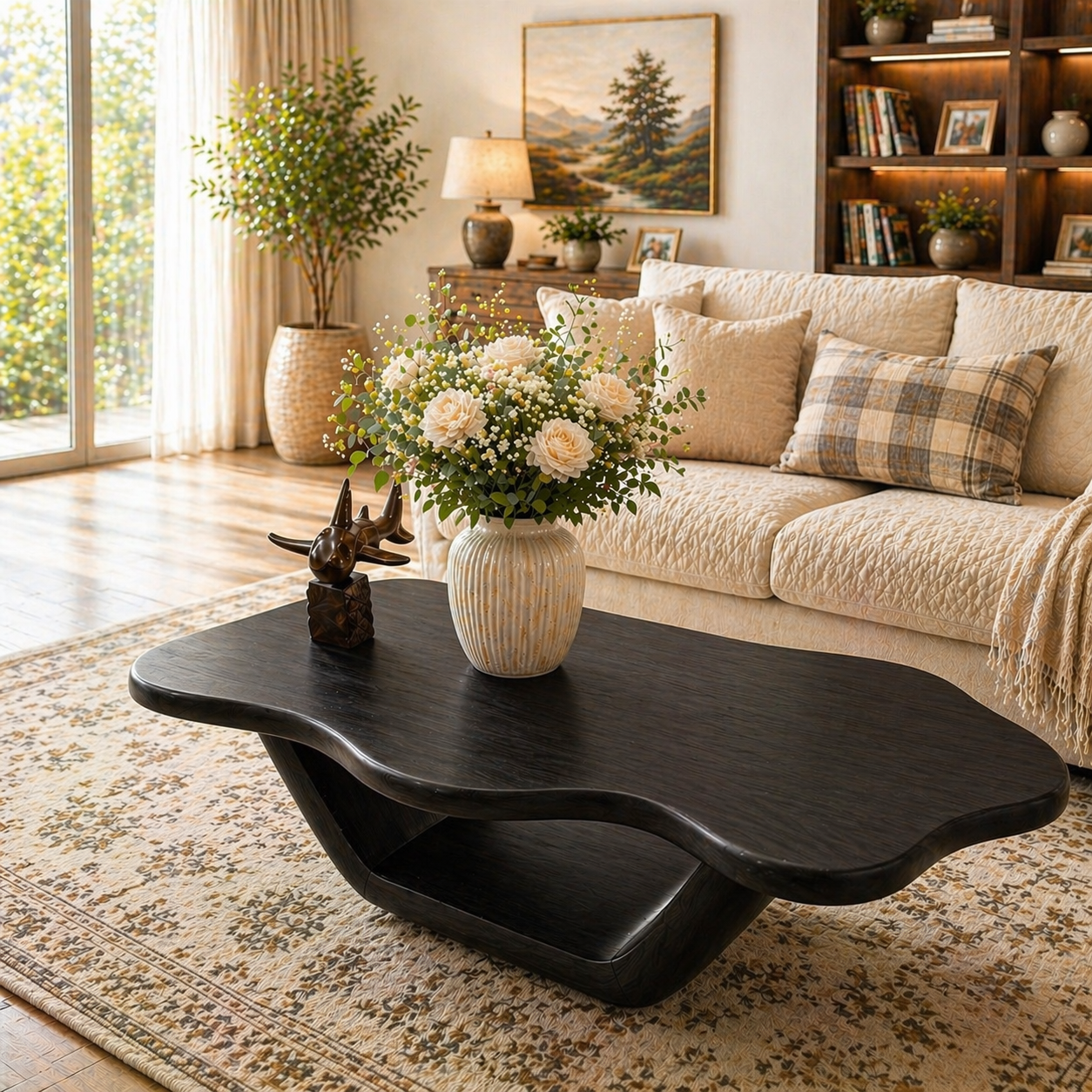 Solid Wood Coffee Table with Organic Curved Top and Sculptural Base