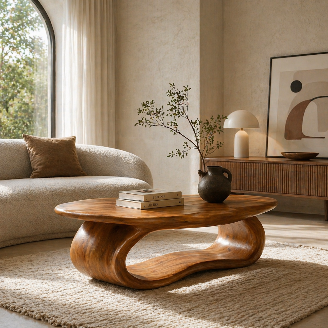 Solid Wood Coffee Table with Sculptural Loop Base and Organic Top