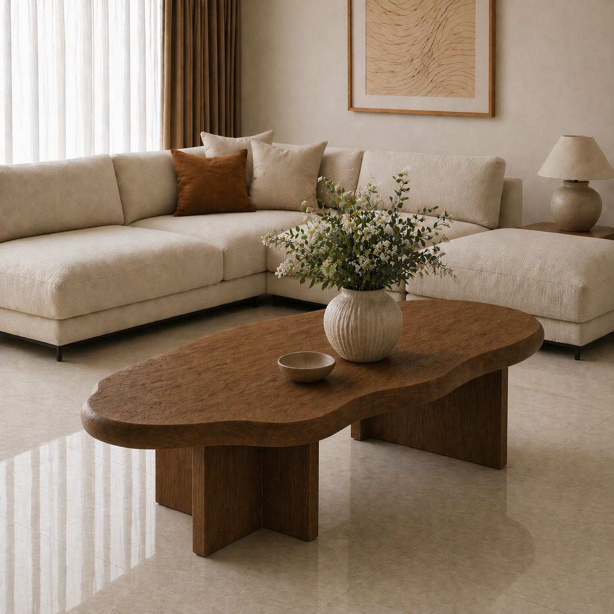 Solid Wood Coffee Table with Organic Shape and Thick Block Base