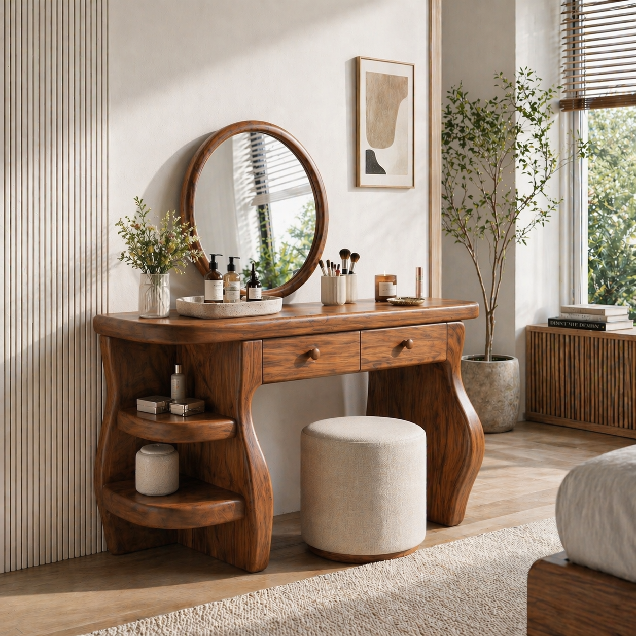 Solid Wood Makeup Vanity Desk with Sculptural Curved Base and Double Drawers