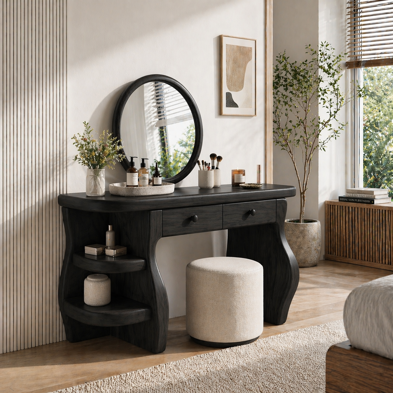 Solid Wood Makeup Vanity Desk with Sculptural Curved Base and Double Drawers