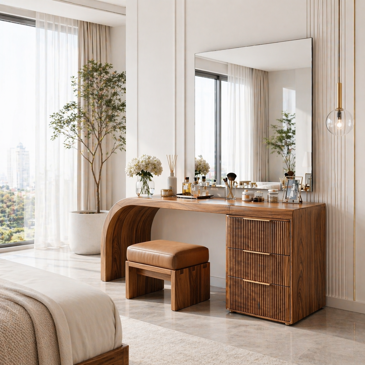 Solid Wood Makeup Vanity Desk with Curved Base and Fluted Drawer Cabinet