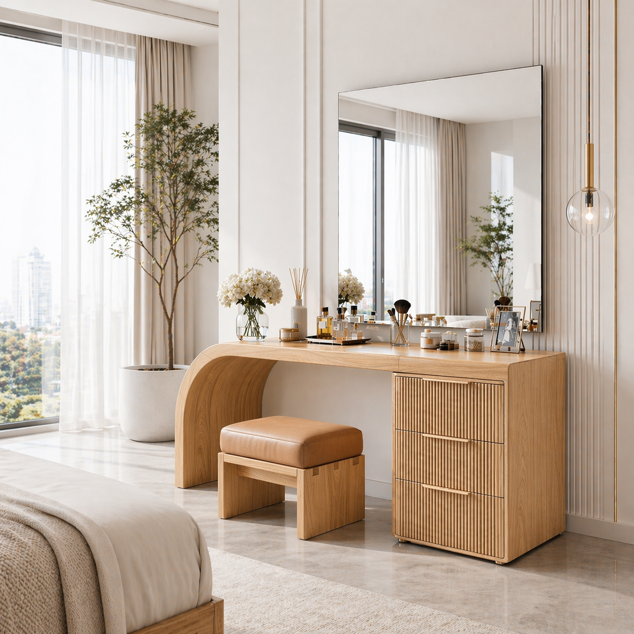 Solid Wood Makeup Vanity Desk with Curved Base and Fluted Drawer Cabinet