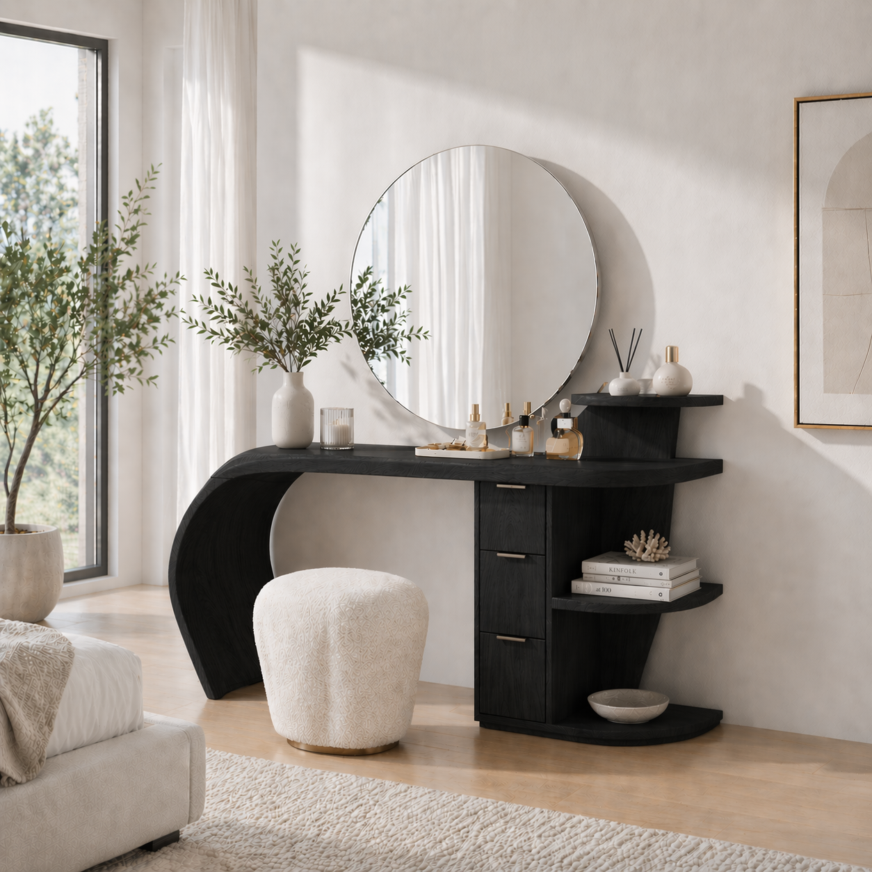 Solid Wood Makeup Vanity Desk with Sculptural Curved Design and Storage Drawers
