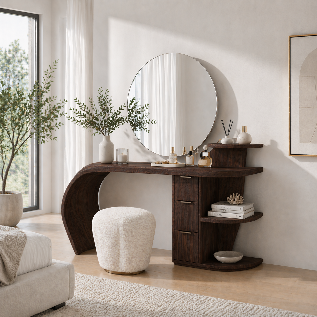 Solid Wood Makeup Vanity Desk with Sculptural Curved Design and Storage Drawers