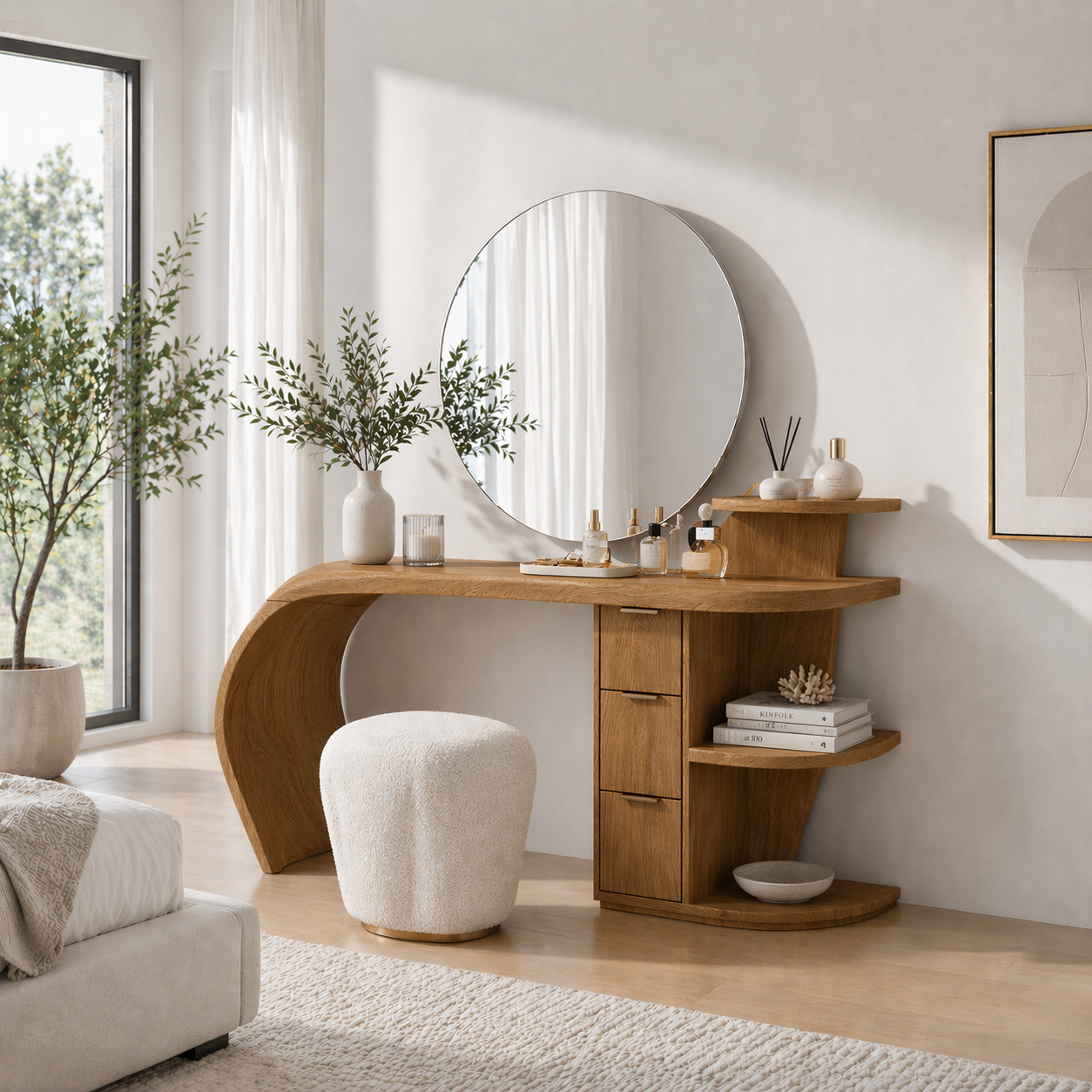 Solid Wood Makeup Vanity Desk with Sculptural Curved Design and Storage Drawers