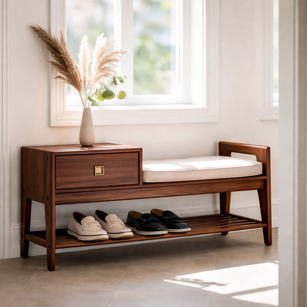 Solid Wood Entryway Bench with Drawer, Cushion Seat & Shoe Shelf – Mid-Century Shoe Storage Bench