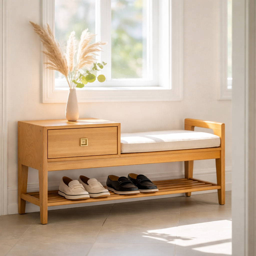 Solid Wood Entryway Bench with Drawer, Cushion Seat & Shoe Shelf – Mid-Century Shoe Storage Bench