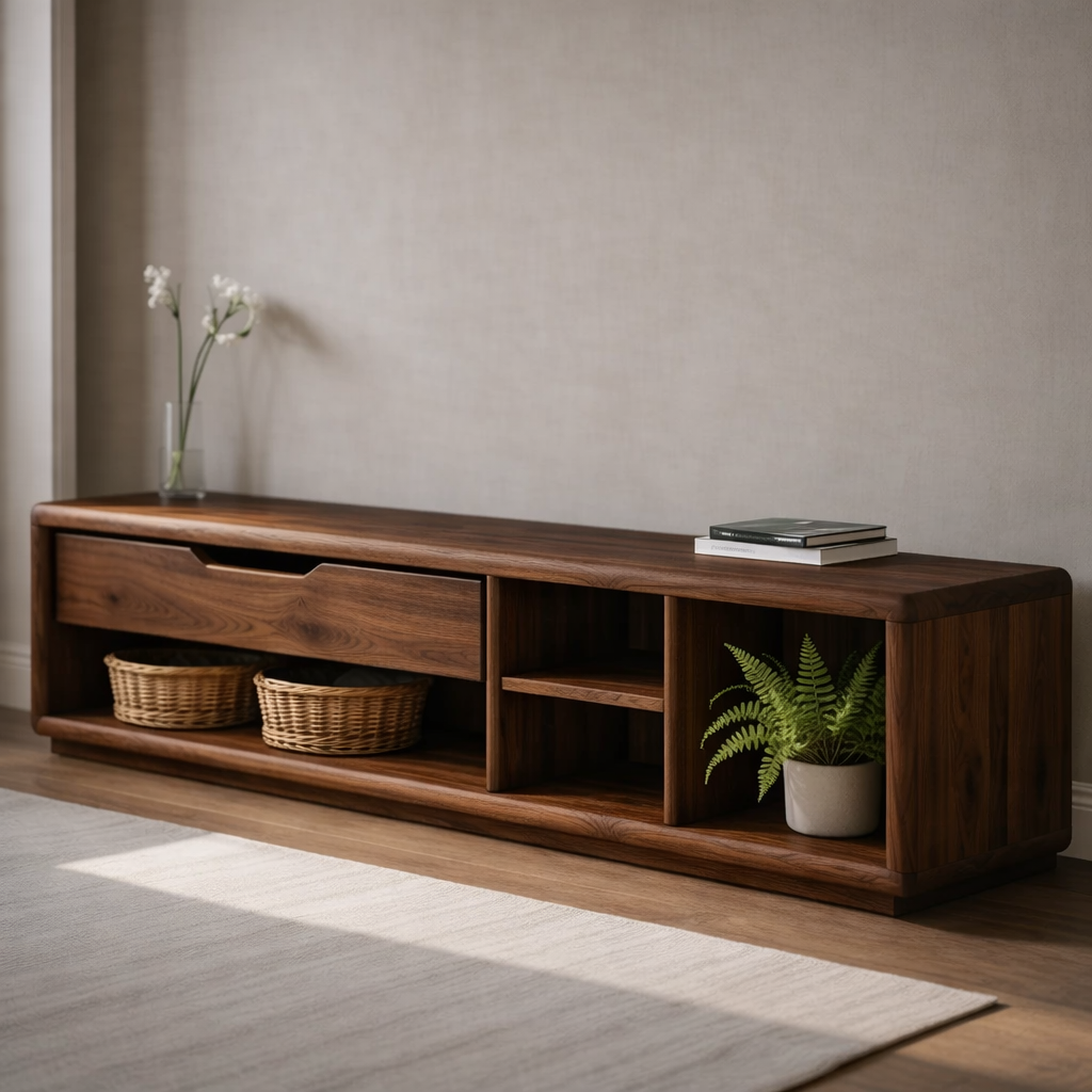Solid Wood Entryway Storage Bench with Drawer & Open Shelves – Modern Shoe Storage Bench