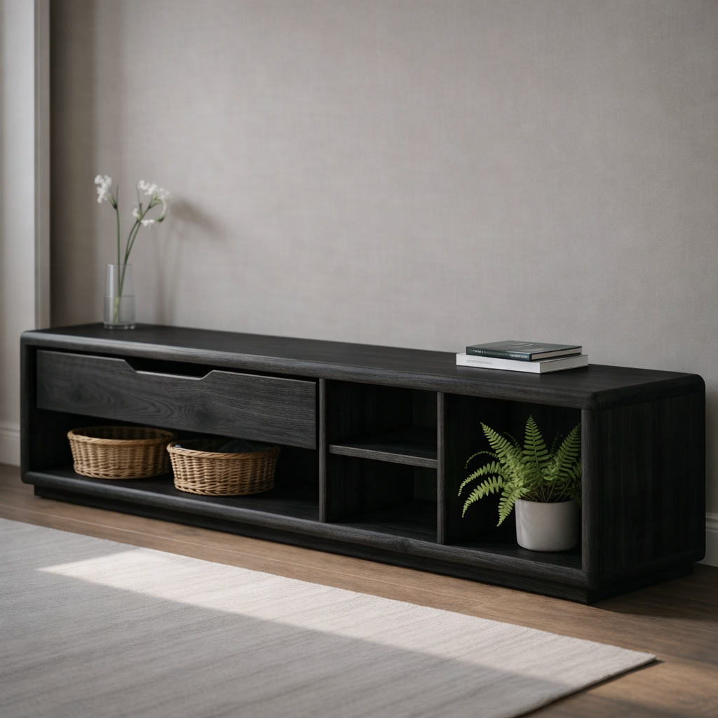 Solid Wood Entryway Storage Bench with Drawer & Open Shelves – Modern Shoe Storage Bench