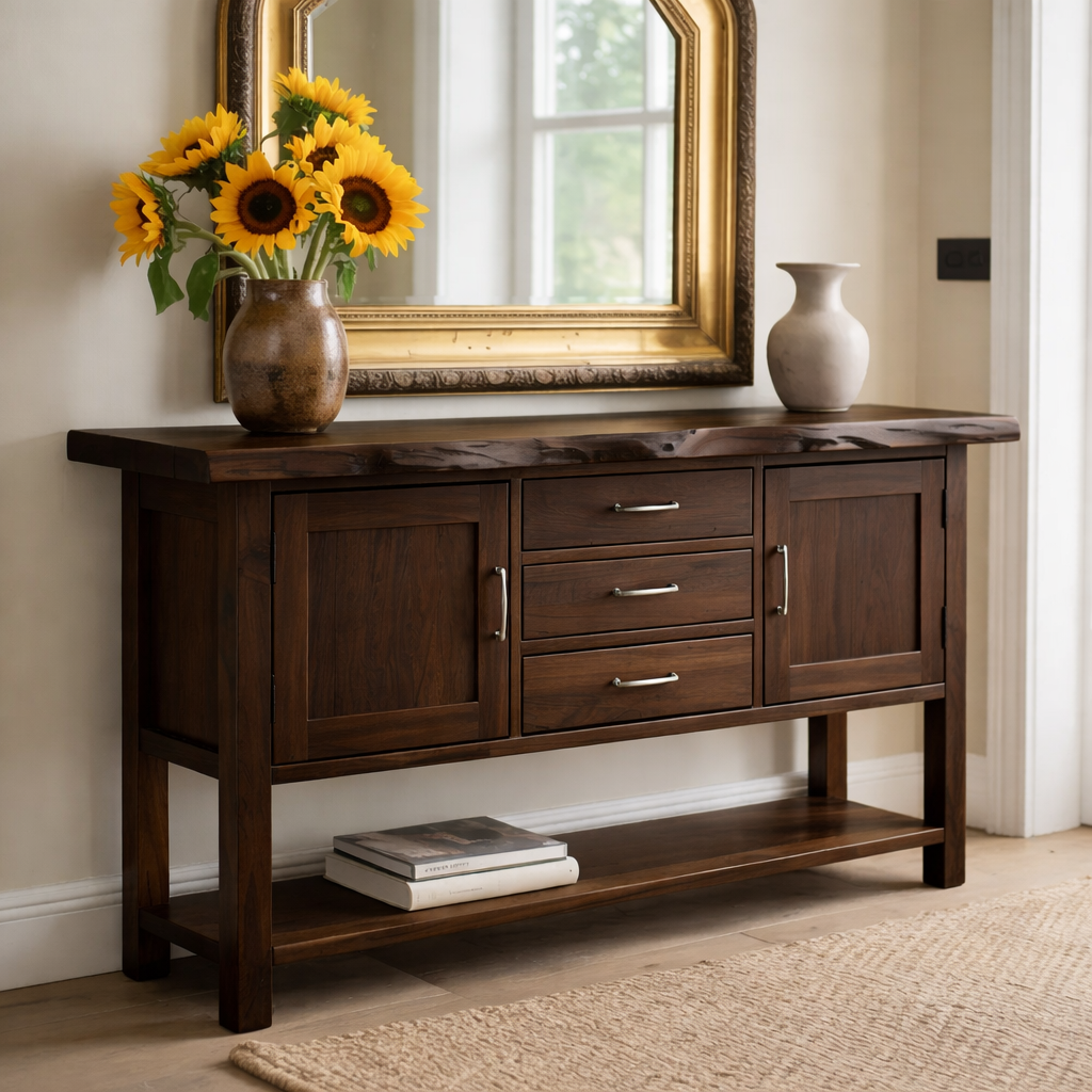 Solid Wood Sideboard Console Table with Drawers, Cabinet Doors & Lower Shelf – Entryway Storage Cabinet