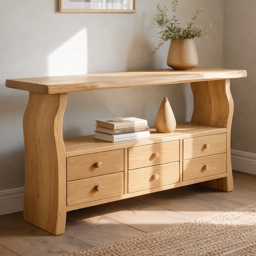 Solid Wood Console Table with 6 Drawers & Display Shelf – Live Edge Entryway Storage Console
