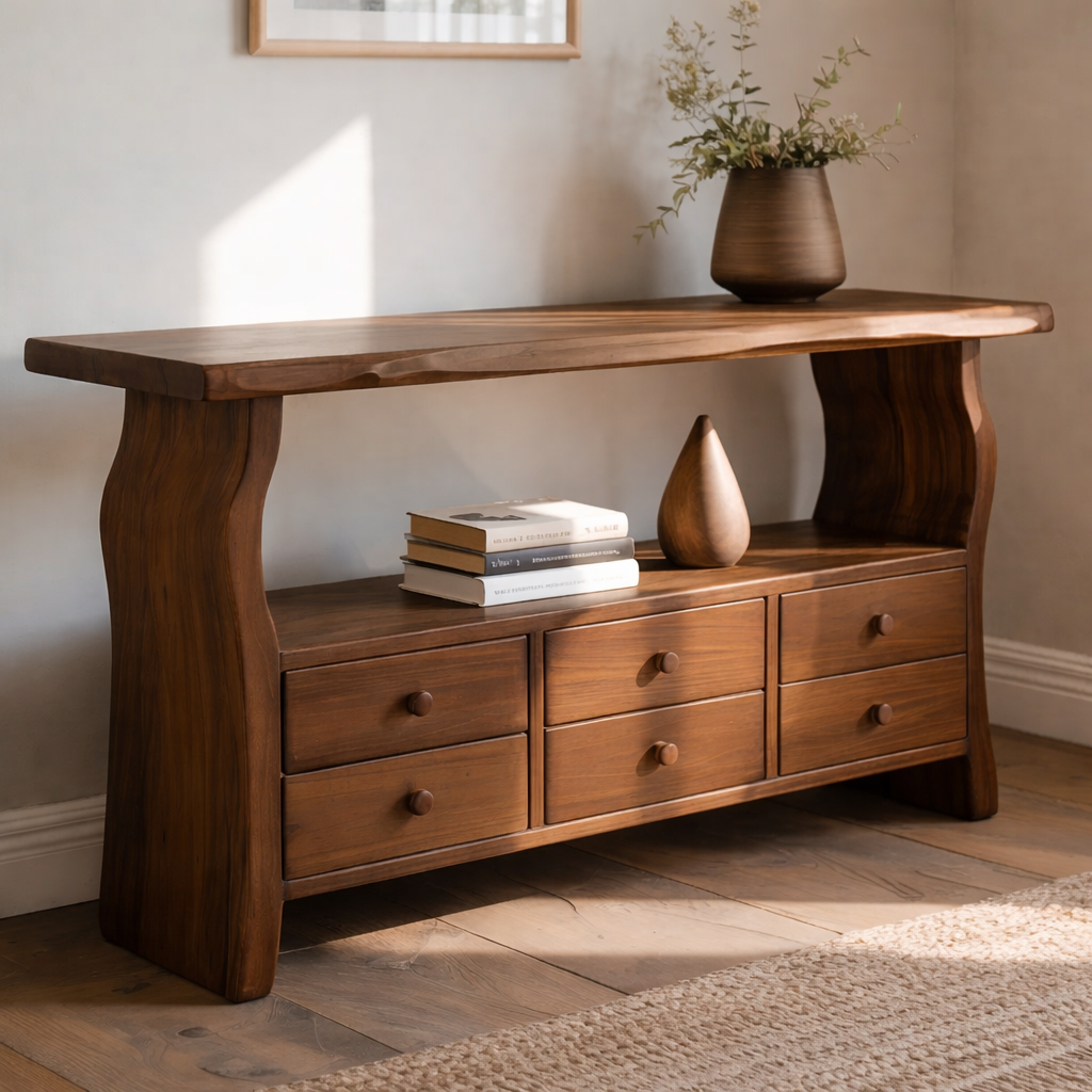 Solid Wood Console Table with 6 Drawers & Display Shelf – Live Edge Entryway Storage Console