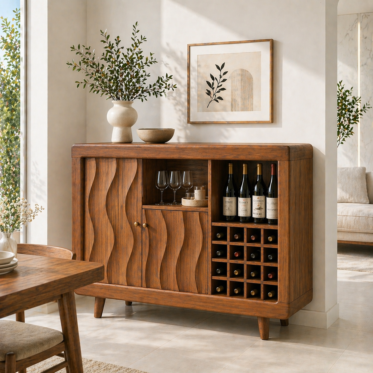 Solid Wood Wine Cabinet with Wave Carved Doors and Built-in Bottle Storage