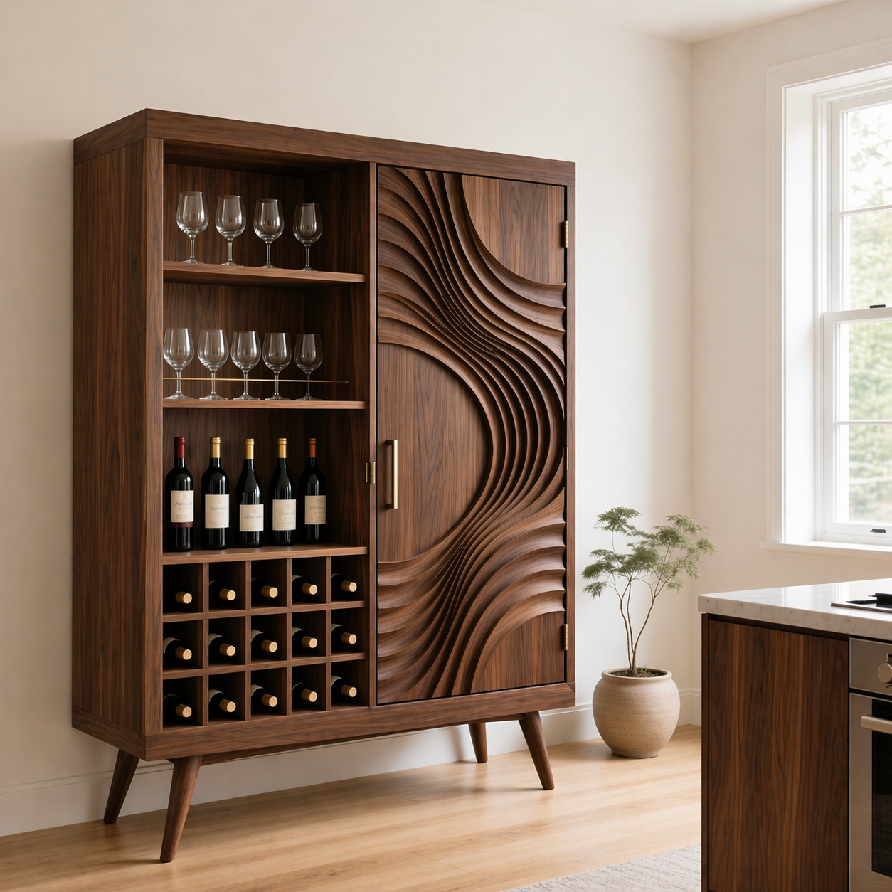 Solid Wood Wine Cabinet with Sculpted Wave Doors and Bottle Storage