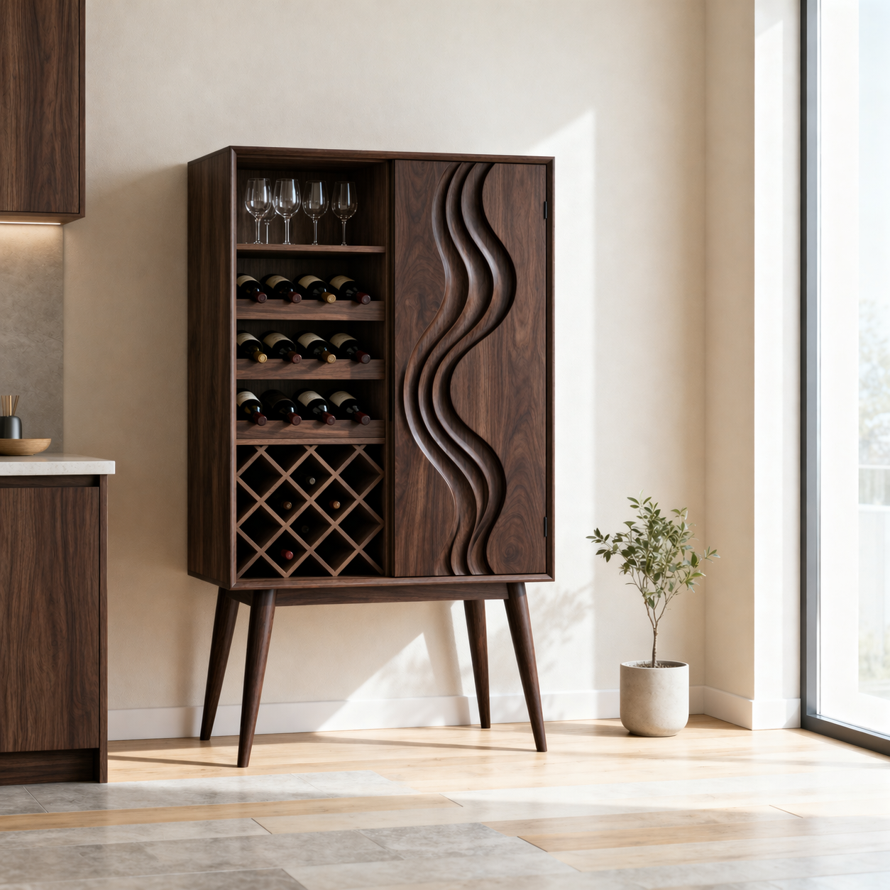 Solid Wood Wine Cabinet with Wave Carved Door and Bottle Storage Rack