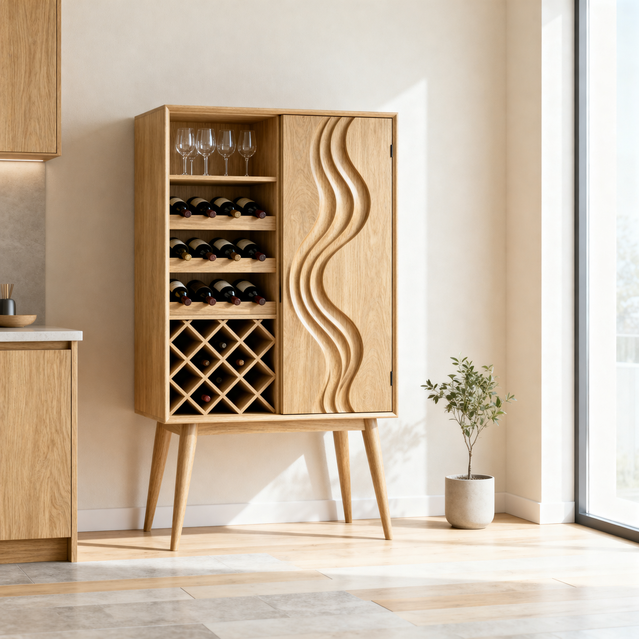 Solid Wood Wine Cabinet with Wave Carved Door and Bottle Storage Rack