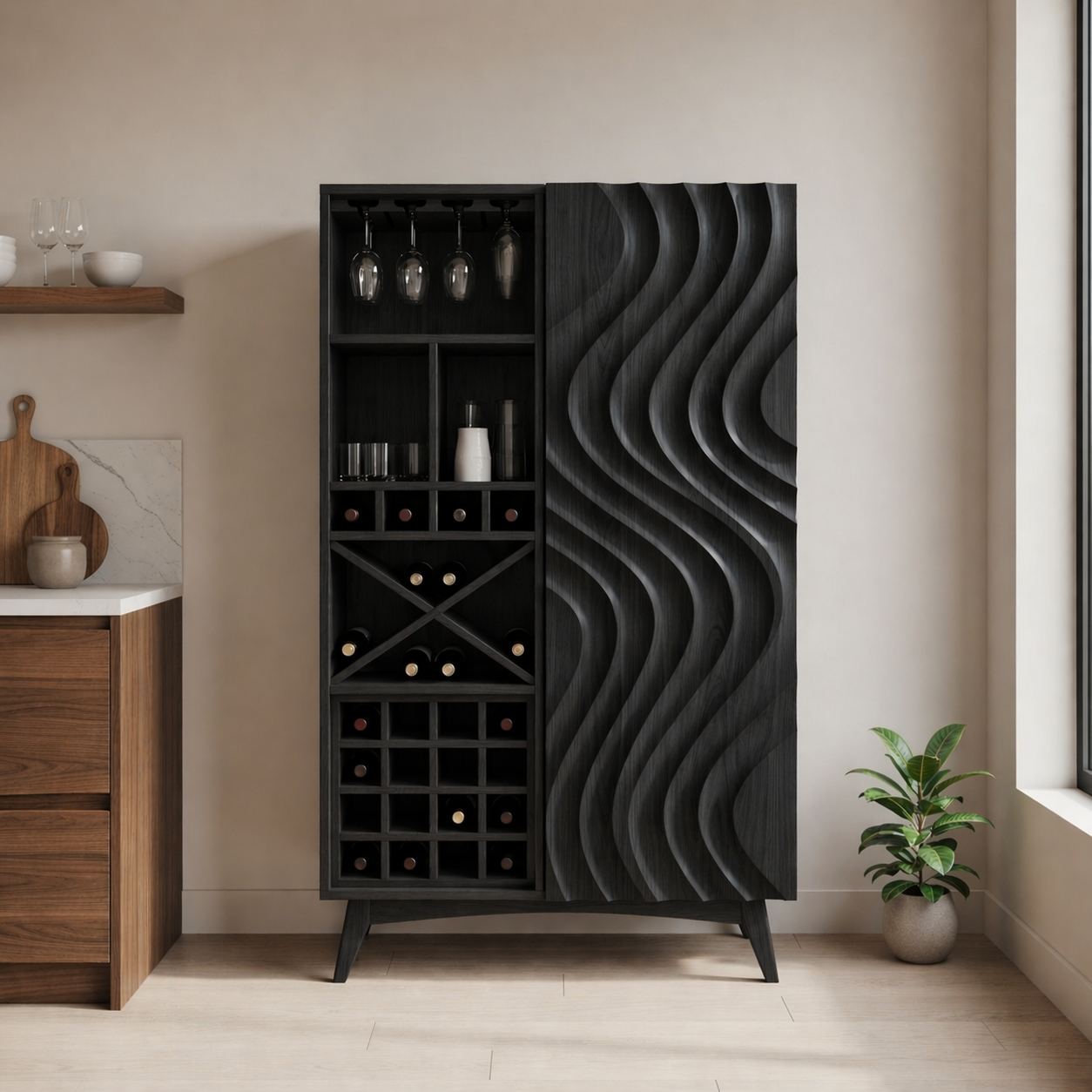 Solid Wood Wine Cabinet with Wave Carved Door and Bottle Storage Rack
