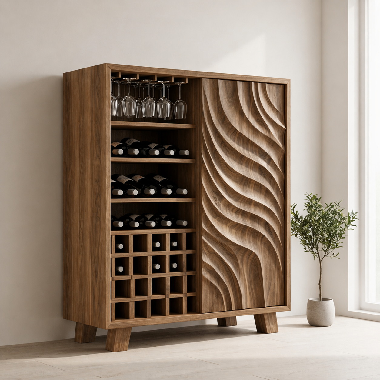 Solid Wood Wine Cabinet with Sculpted Wave Door and Bottle Storage