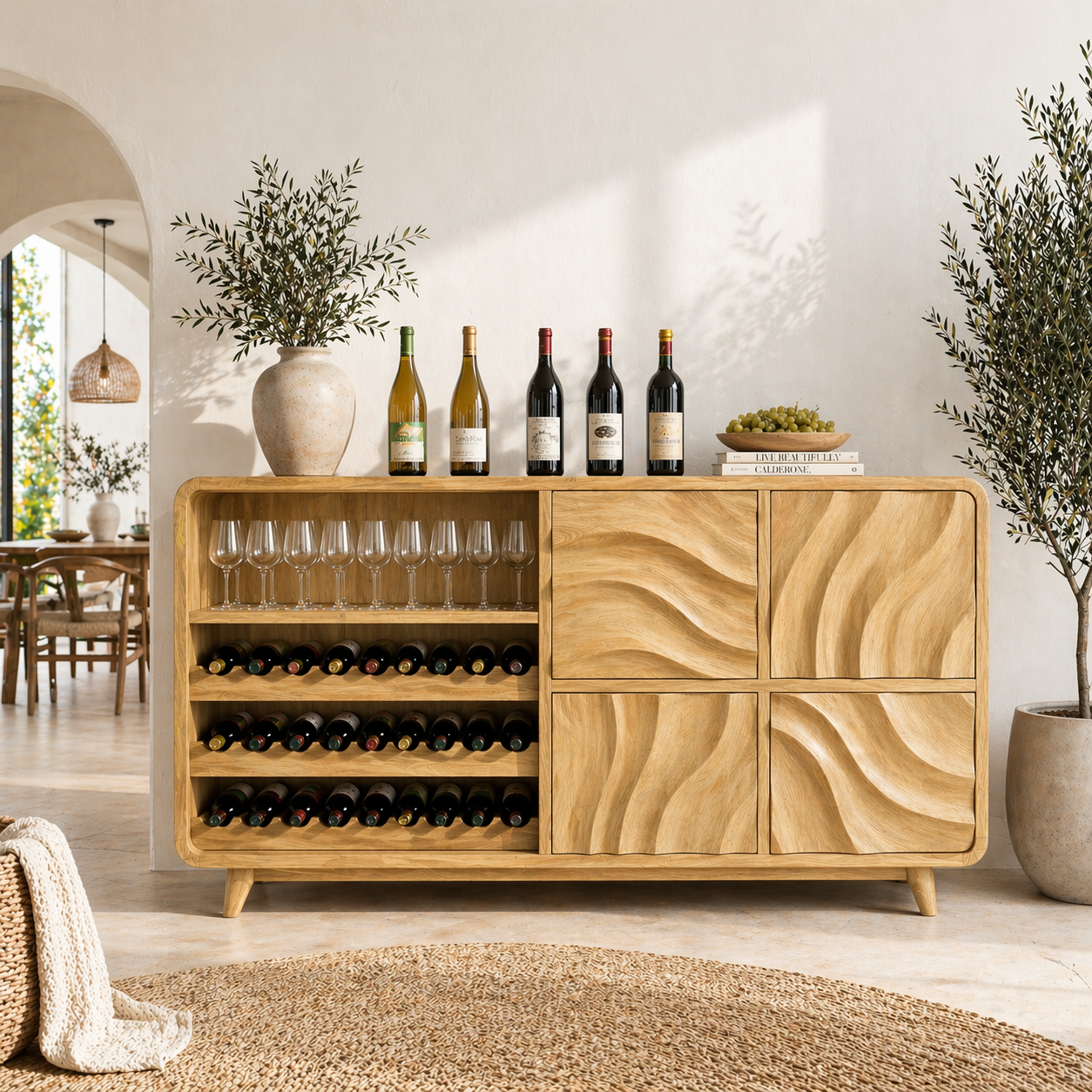 Solid Wood Wine Sideboard with Wave Carved Doors and Open Bottle Storage