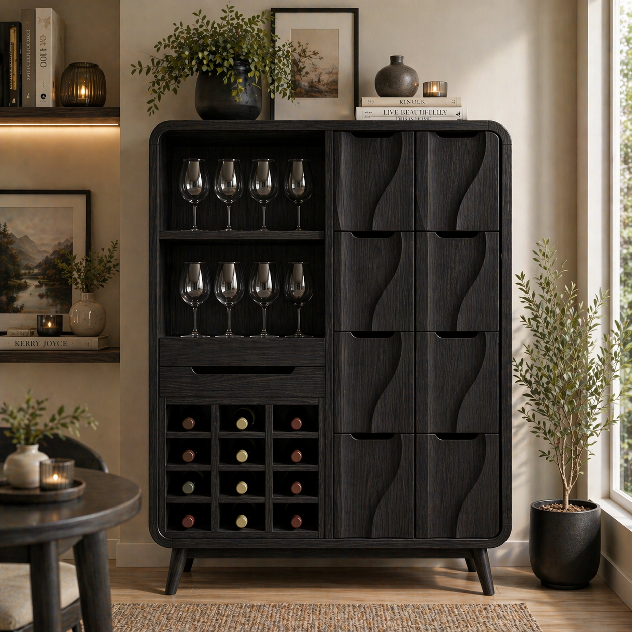 Solid Wood Wine Cabinet with Wave Carved Drawers and Glassware Storage