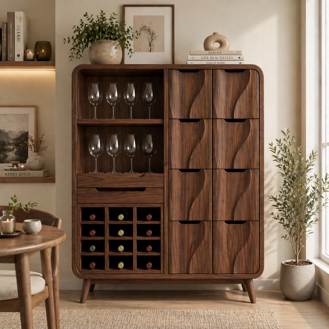 Solid Wood Wine Cabinet with Wave Carved Drawers and Glassware Storage