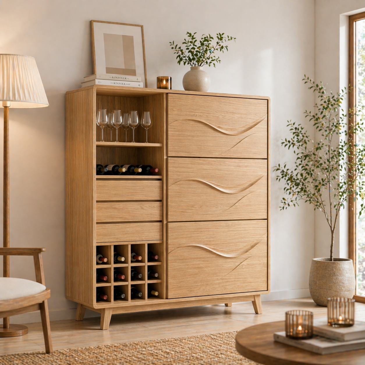 Solid Wood Wine Cabinet with Wave Carved Drawers and Bottle Storage