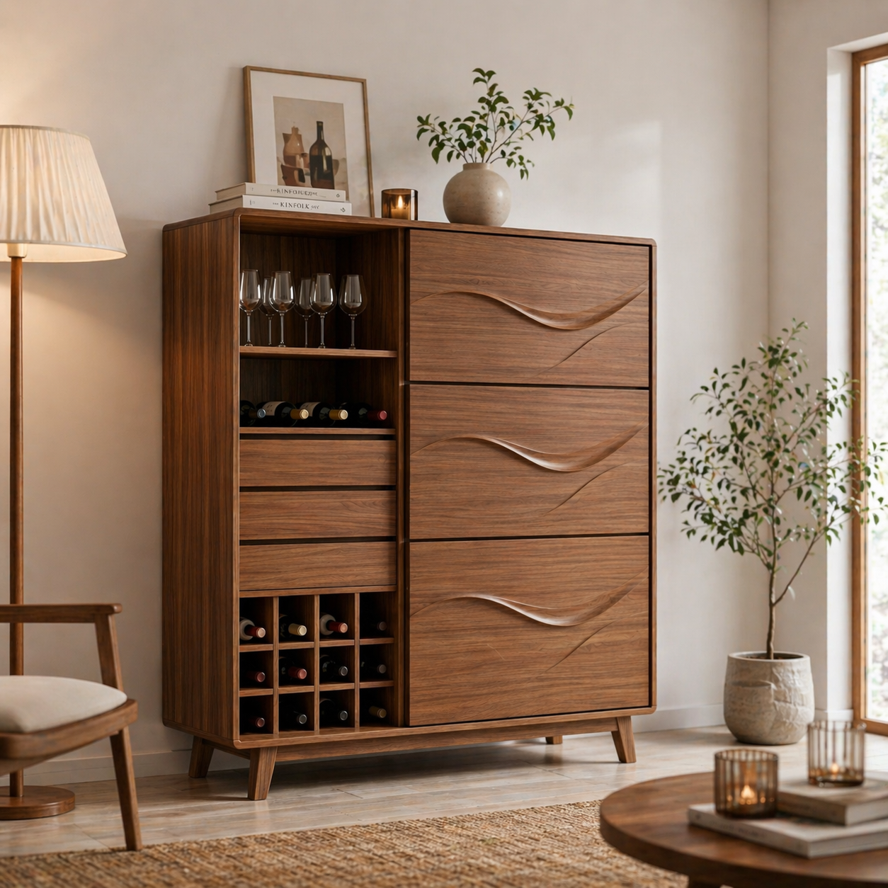 Solid Wood Wine Cabinet with Wave Carved Drawers and Bottle Storage