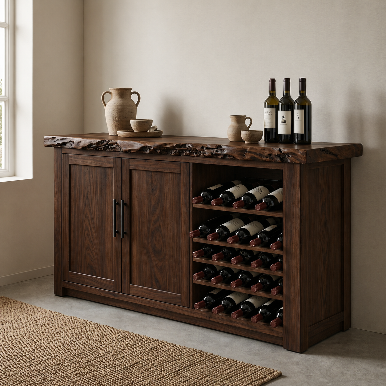 Solid Wood Wine Cabinet with Live Edge Top and Built-In Bottle Rack