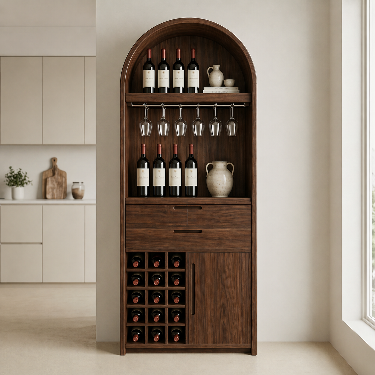 Solid Wood Wine Cabinet with Arched Top, Glass Holder and Bottle Storage