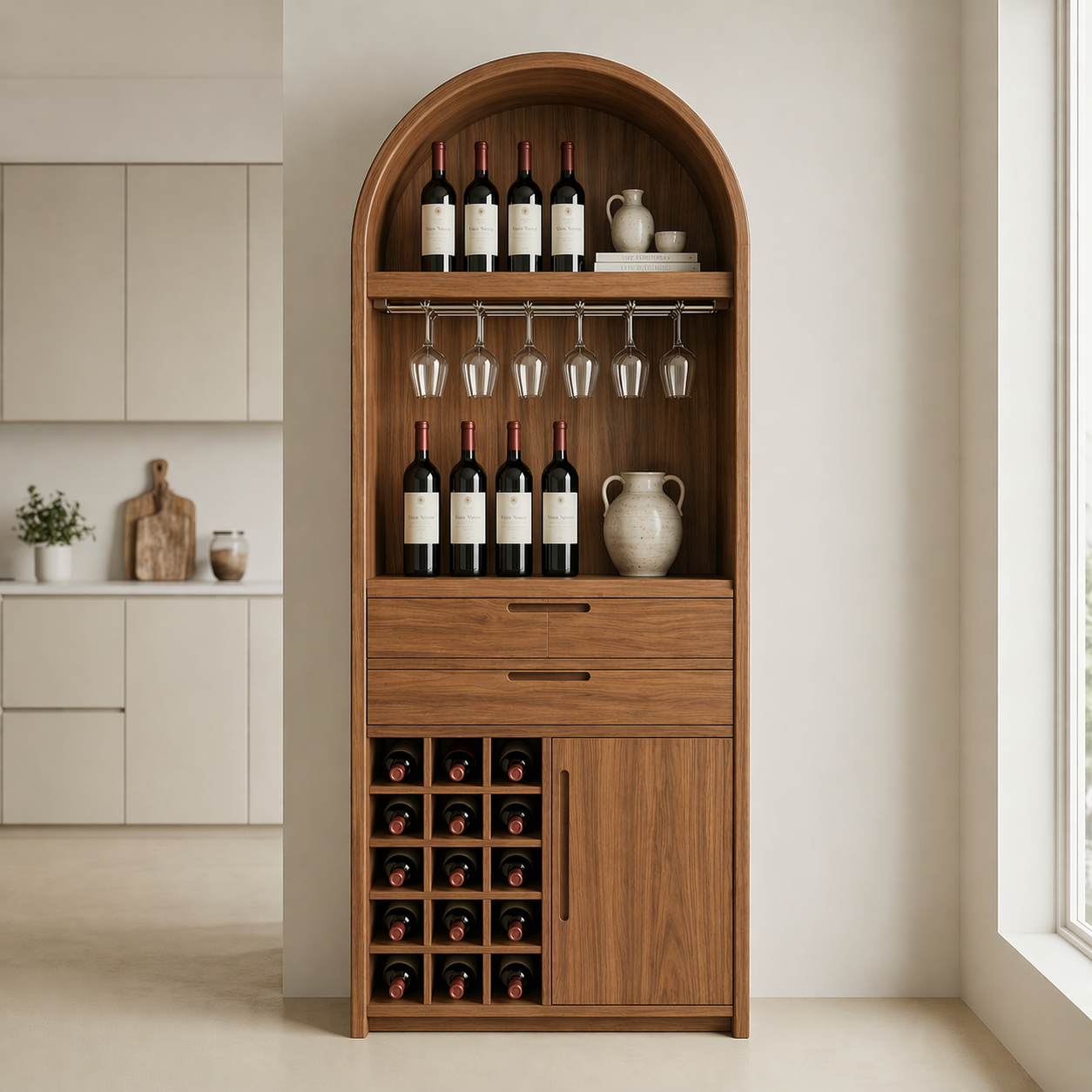 Solid Wood Wine Cabinet with Arched Top, Glass Holder and Bottle Storage