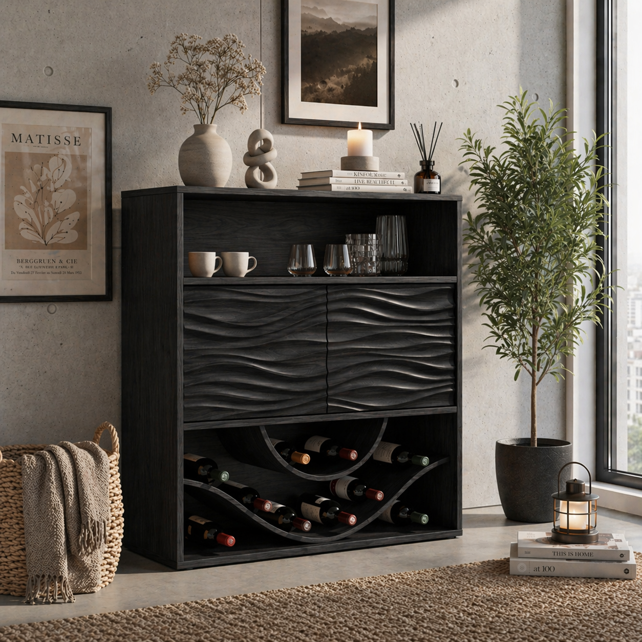 Solid Wood Wine Cabinet with Wave Carved Doors and Open Bottle Storage