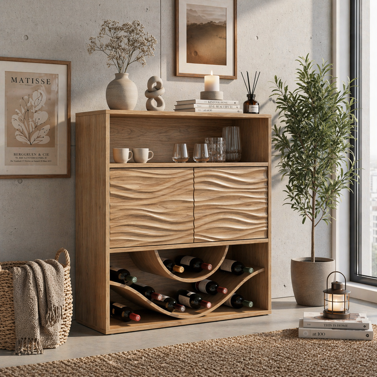 Solid Wood Wine Cabinet with Wave Carved Doors and Open Bottle Storage