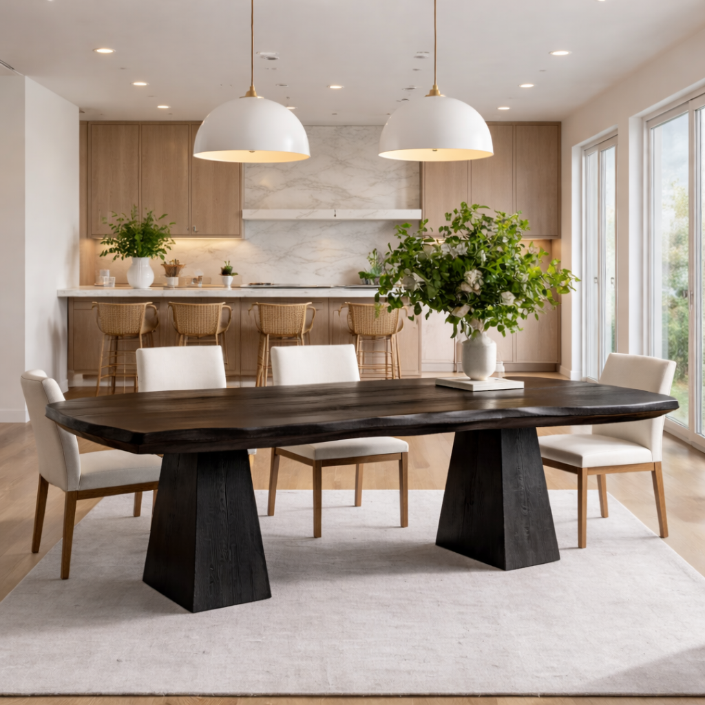Solid Wood Live Edge Dining Table with Pedestal Base – Rustic Modern Dining Table