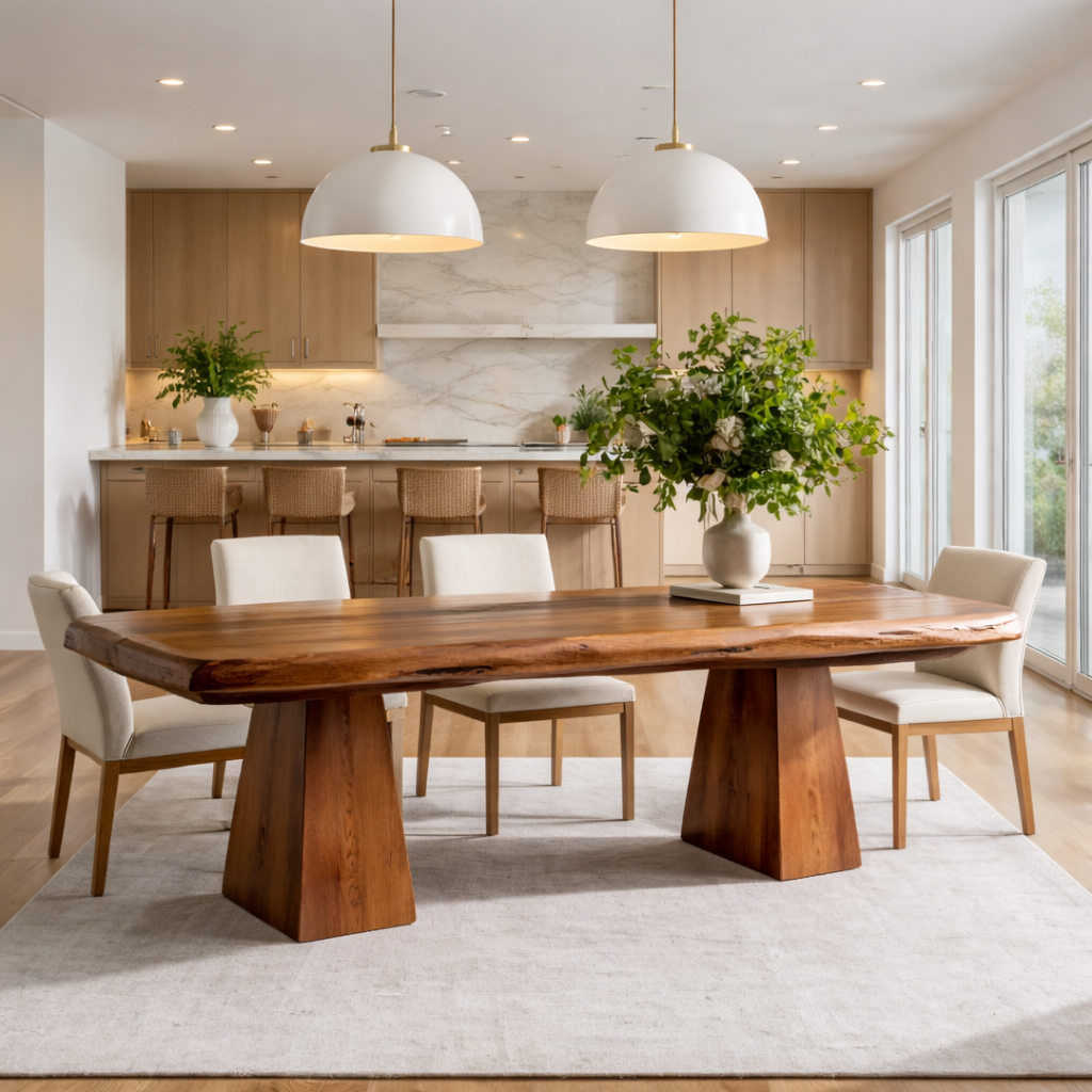 Solid Wood Live Edge Dining Table with Pedestal Base – Rustic Modern Dining Table