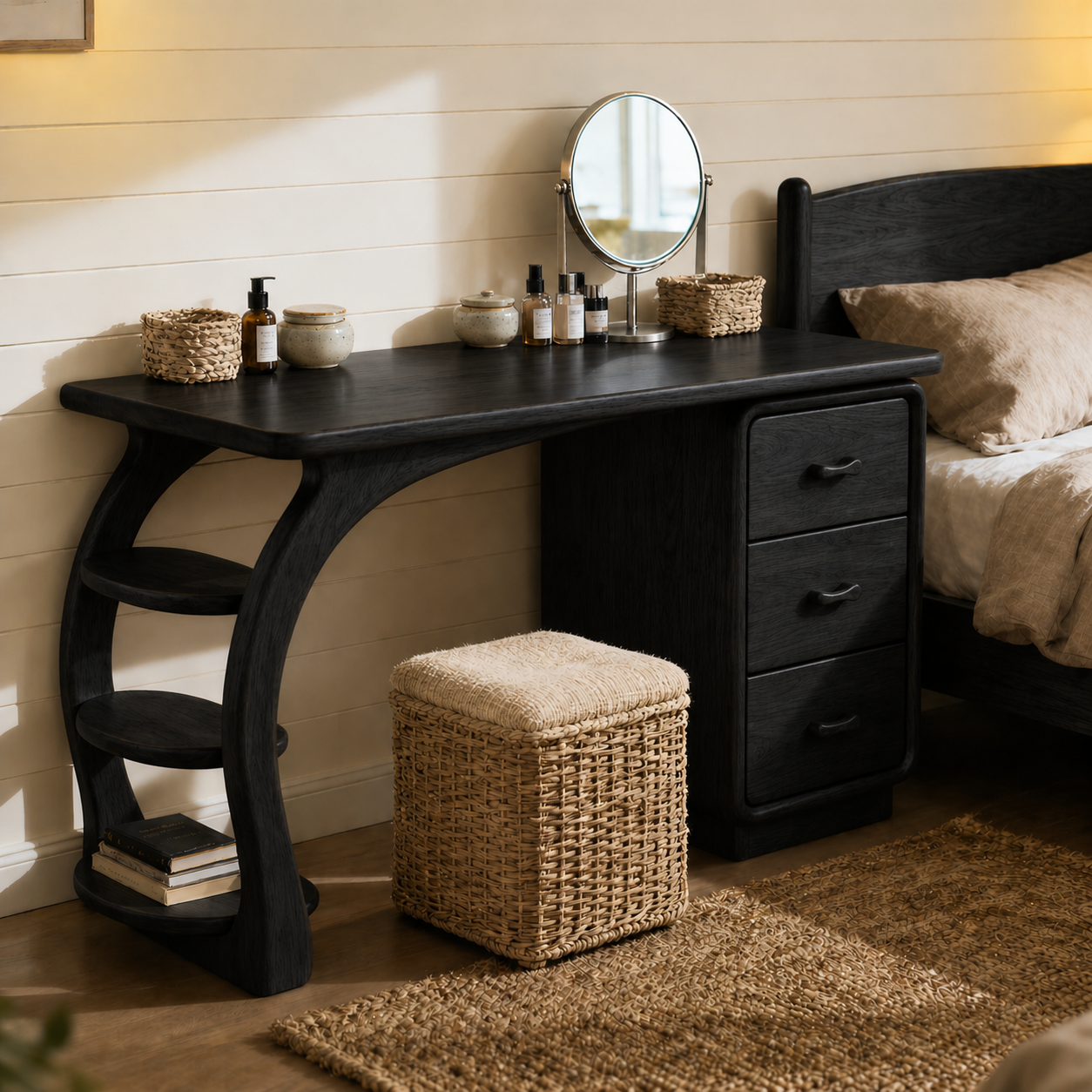 Solid Wood Makeup Vanity Desk with Curved Side Shelves and Drawer Storage